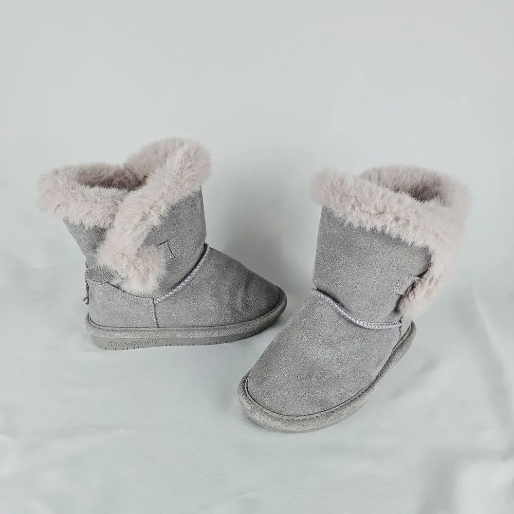Bearpaw Betsey Girls Youth Size 11 Grey Suede Faux Fur Trim Winter Ankle Boots
